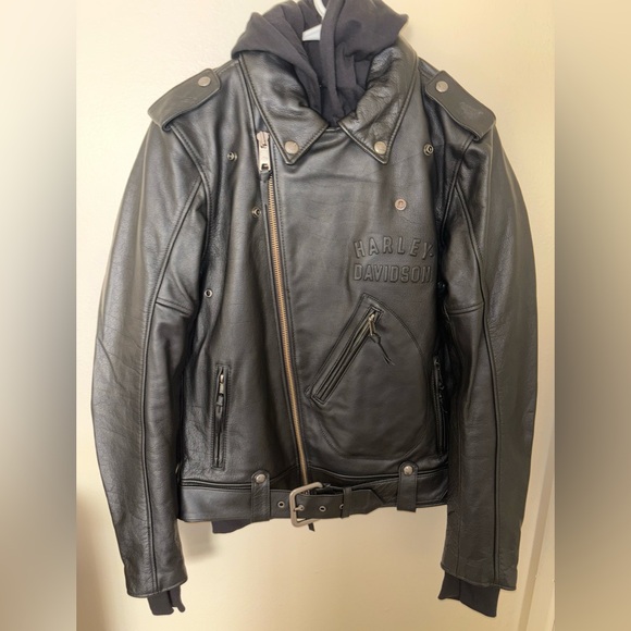 Harley Davidson Leather Jacket Black Color with hoodie sz small - Picture 1 of 16